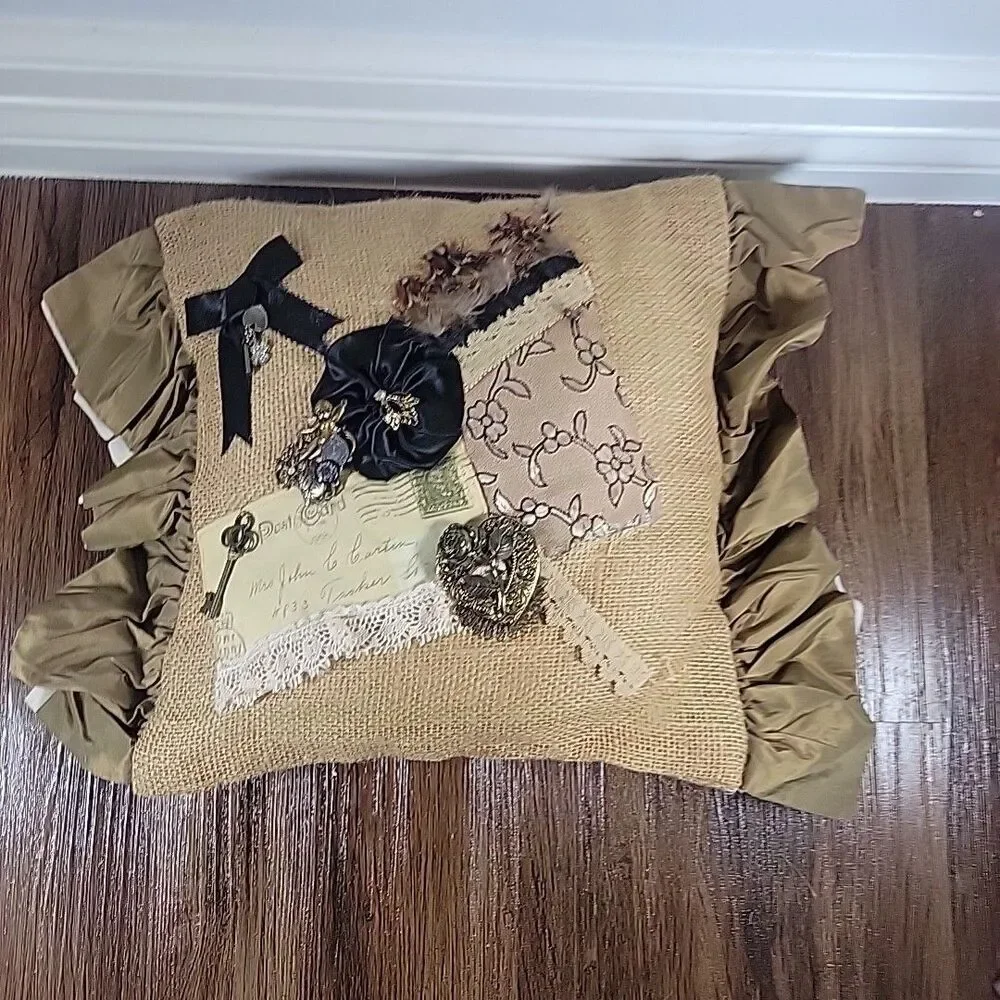 Handmade Burlap Shabby French Rustic Chic Pillow Steampunk inspired metal accent